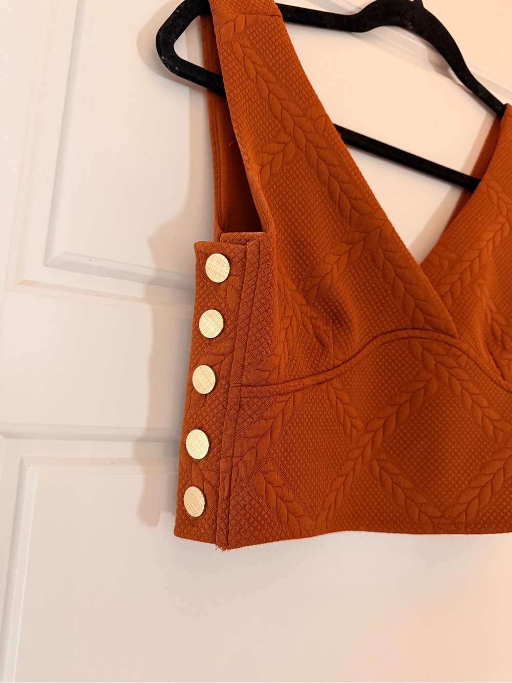 Anthropologie Burnt Orange Textured V-Neck Crop Top W/ Golden Buttons